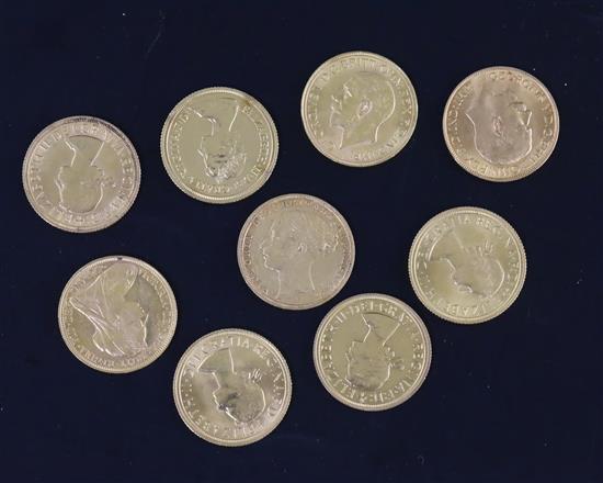 Nine gold full sovereigns, 1880, 1896, 1914, 1930, 1963, 1965(2), 1967 & 1979.